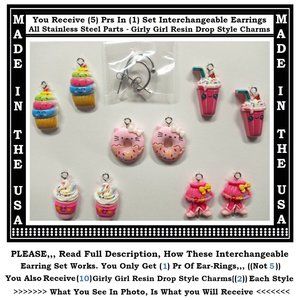 5/$10 Sweet Ice Cream Donut Food Interchangeable Charm Earrings-5 Pairs in Set
